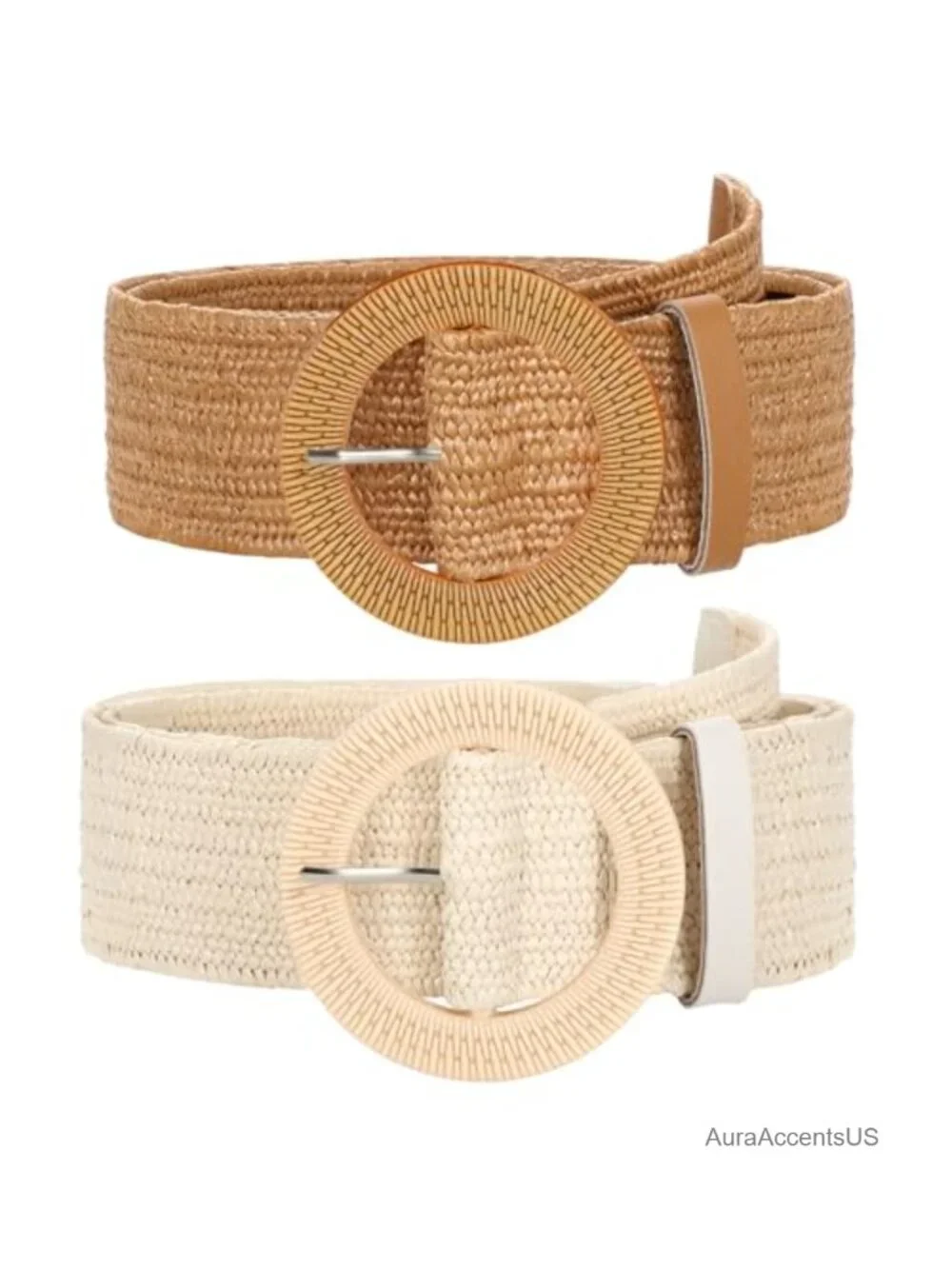 2 Pack Straw Woven Elastic Belt Braided Stretch Wide Boho Rattan Waist Belt for